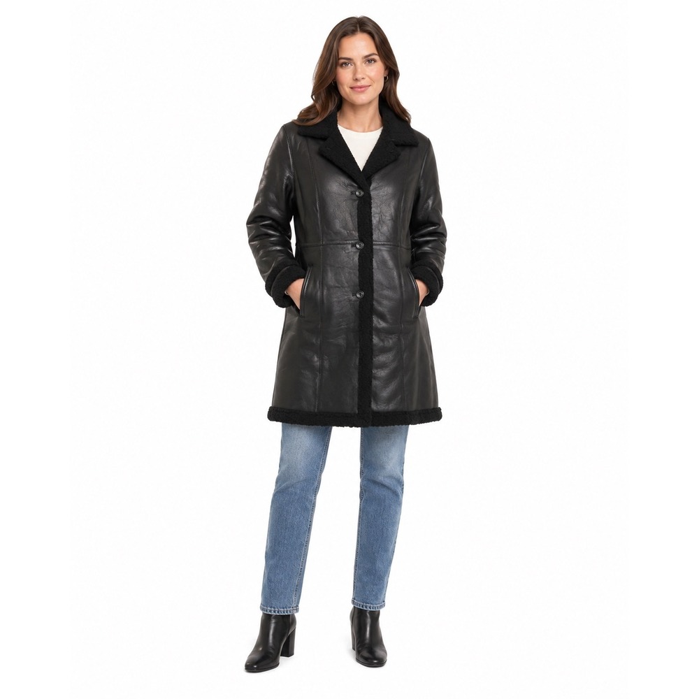 Blingsoul Maura Black Leather Shearling Coat Women Medium New